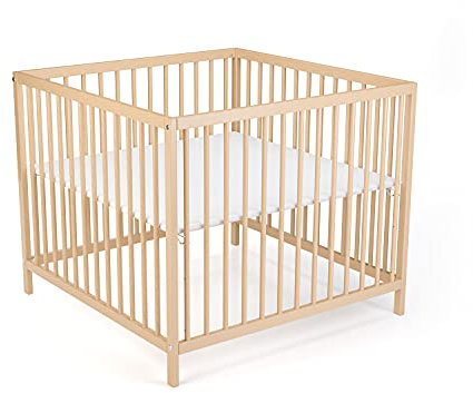 Laufgitter Baby Sarah, 95x95 cm in Natur | 3-fach höhenverstellbar, schadstoffrei aus massivem Buchenholz I Kinderlaufstall, Laufstall Baby mitwachsend, stabil | Modernes Babybett im zeitlosen Design