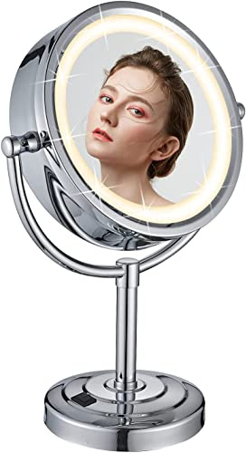Dowry Miroir LED Maquillage 5X Grossissement, 3 Couleurs Lumière Réglables, Pivotant 360° sur Pied, Chrome, 21.5CM