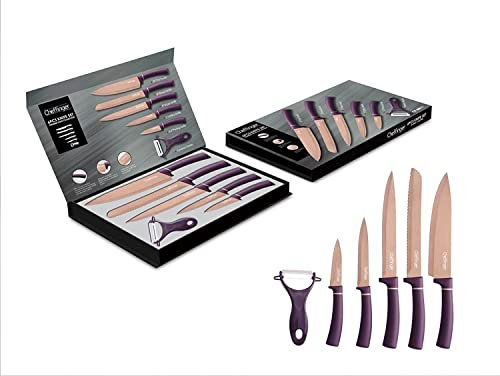6 teiliges Messerset Lila Gold Edtition (5 Messer & 1 Sparschäler) Edelstahl in Klappbox mit Magnetverschluss scharfe Messerklingen Küchenmesser Chefmesser Pizzamesser Motiv 2