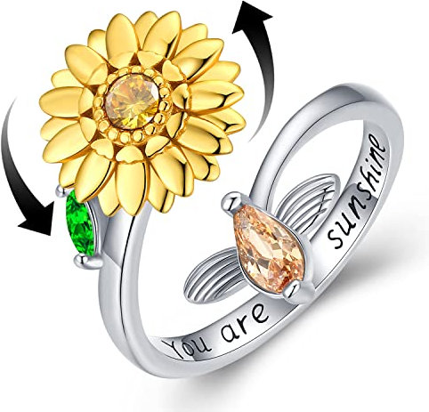 Damen Ringe 925 Sterling Silber Anxiety Ring Anti Stress Verstellbarer Ring, Sonnenblume Drehbarer Ringe Schmuck mit Geschenkbox