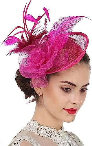 HKSCKJ Fascinator Hut Damen Mütze mit Federn Haarschmuck Blumen Haarreif Mesh Kopfschmuck mit Haarclip Haarspange Elegant Schleier Vintage Kopfbedeckung Hochzeit Party Cosplay Cocktail Kirche
