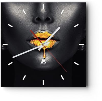 Modern Wanduhr Gold Mund Schwarz 40x40cm Quadrat Groß Wand Uhr Glas Analog Zimmeruhren Küche Büro Wohnzimmer Glasuhr Wall Clock Dekoration Design Wanddekoration Küchenuhr C3AC40x40-4460