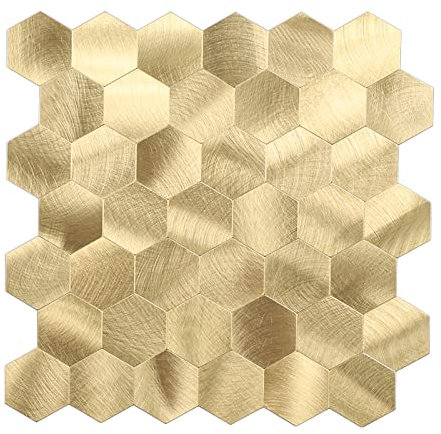 Selbstklebende Mosaikfliesen Wandfliesen aus Metall für Küche Bad, zum Abziehen und Aufkleben Hexagon klebefliesen (12 Stück, Gold)
