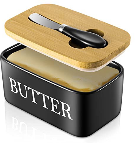 Dyserbuy Butter Dish with Lid, Butter Dish, Porcelain Butter Container with Double Silicone Seals Cover, Ceramic Butter Keeper with Knife, Perfect for East West Coast Butter, 650ml (Black)