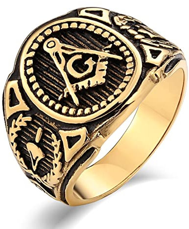 Whoiy Eheringe Edelstahl Gold, Vintage Ringe 17mm Punk Ringe Männer Freimaurer G Freimaurer Ringgröße 65 (20.7) Gravierbar