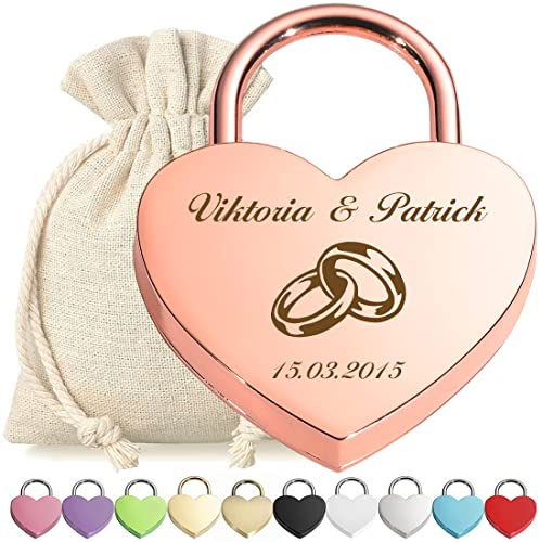 polar-effekt Herz Liebesschloss Rose Gold mit personalisierter Gravur und Schlüssel - Motiv Ringe ineinander - Vorhängeschloss - Stoff-Geschenkbeutel - Jahrestag, Paar, Pärchen
