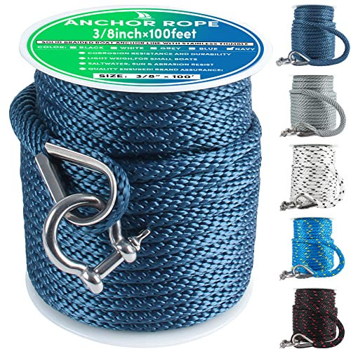 Premium Anchor Rope 100 ft x 3/8 inch, Solid Braid MFP Anchor Line Marine Rope with Thimble & Shackle - Navy Blue