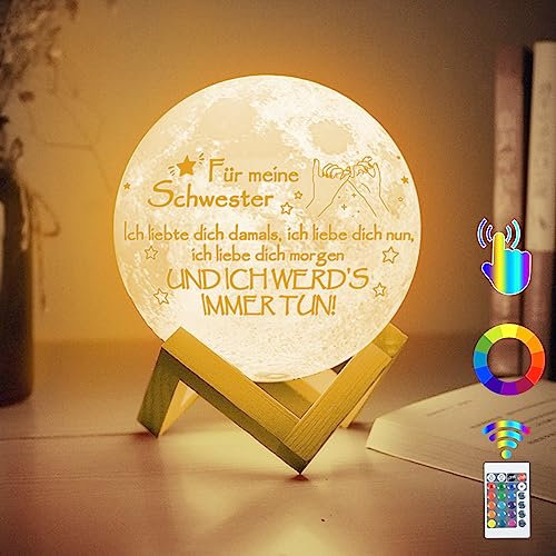 Weihnachten 3D Mondlampe Geschenke Für Schwester - 16 Farben LED Nachtlicht Stimmungslichter Mit Holzständer - Für Freundin, Beste Schwester, Geburtstag, Hochzeit, Party
