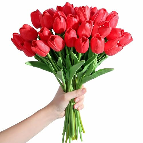 SITUMEIZI 15 rote künstliche Tulpen, künstliche Blumen, fühlen sich echt an, rot, 35,6 cm, Seidenblumen für Zuhause, Küche, Dekoration, Muttertag, Frühling, Ostern, Hochzeit, Blumenstrauß,