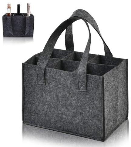 Aoreun Flaschentasche mit 6 Fächer, Filztasche Weinflasche Tasche Filztasche mit Abnehmbaren Trennwänden Waschbar Wiederverwendbar für Bierflaschen Weinflasche - Dunkelgrau (24x16x18cm)