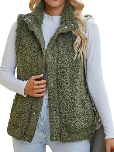 Maeau - Womens Gilet Fleece Fashion Sleeveless Vest Plush Cardigan Ladies Body Warmer Gilet Pocket Fall Winter Jacket Button L Green
