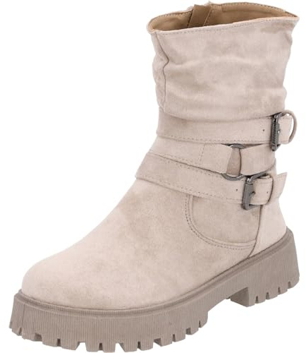 Palado Chelsea Boots Damen Lampione - modische Stiefeletten für Frauen - bequeme Winterschuhe mit 2 Schnallen - elegante Winterstiefel mit Absatz Beige UK4,5 - EU37
