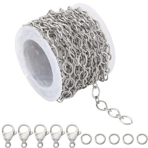 SUNNYCLUE 16.4Feet/ 5m Stainless Steel Jewellery Chain Roll 6x9mm Embossed Circle Link Chain Spool Rolo Chain Links 50Pcs Open Jump Rings 20Pcs Lobster Claw Clasps for Jewellery Making Supplies DIY