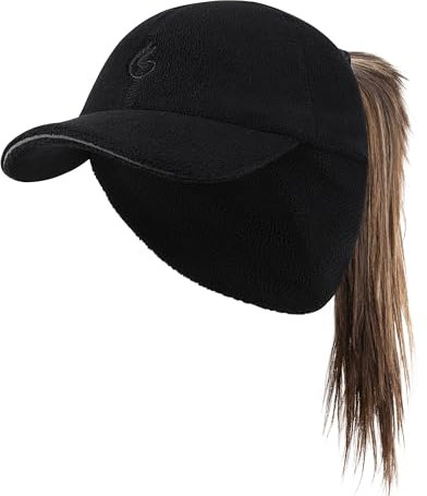PivotWing Wintermütze Damen, Damen Wintermütze mit Ohrenklappe Reflektierend Dehnbar Vlies Basecap Ponytail Hat Zum Laufen Gehen Wandern Running Cap Pferdeschwanz Mütze Schwarz