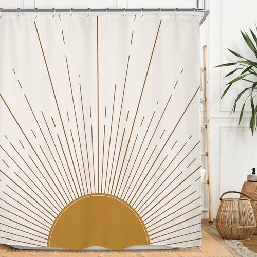 Miyotaa Ensemble de rideaux de douche abstraits, 180 x 180 cm, moderne, minimaliste, esthétique du milieu du siècle, jaune moutarde, lever de soleil, bohème, simple, polyester imperméable, pour salle
