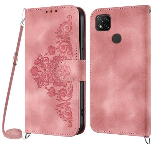 Netany Funda para Xiaomi Redmi 9C/Redmi 10A/9C NFC con Cuerda, Flip Billetera Funda Tapa Libro PU Cuero con Ajustable Cordón,【2 Ranuras】【Hebilla Magnética】,Funda Piel Carcasa Case Cuerda (Rosa)