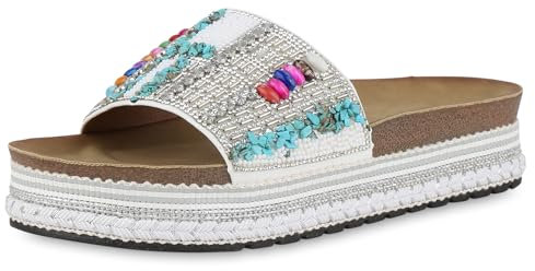 VAN HILL Damen Pantoletten Plateau Strass Trendy Schuhe 214461 Weiss Zierperlen 40