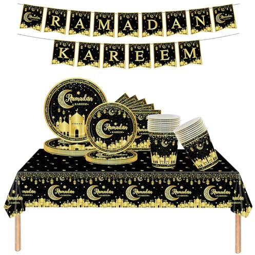 Ensemble de vaisselle de fête de l'Aïd 70 pièces, noir doré lune et étoile Ramadan Kareem thème assiettes jetables serviettes tasses nappe et bannière pour Ramadan Umrah Mubarak Islam musulman maison