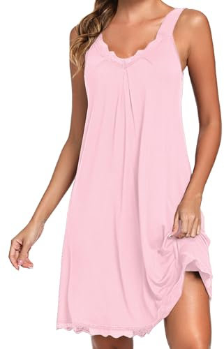 Uniexcosm Nuisette Femme Sexy Coton Dentelle Chemise de Nuit Femme sans Manches Col en V Doubles Dretelles Rose XXL