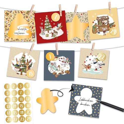 Papierdrachen Rubbelkalender Wintertiere - Adventskalender - zum Ausfüllen und Verschenken - Botschaften eintragen - für Gutscheine, Rätsel und Aufgaben - inkl. Holzklammern und Schnur - Set 04