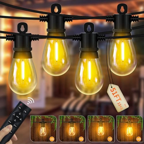 Pogestrand Outdoor Lights Mains Powered 24V, 15M/51FT Festoon Lights Outdoor 15+1 Shatterproof S14 Dimmable Bulbs with Remote, IP65 Waterproof Outside String Lights for Pergola, Patio, Gazebo, Party