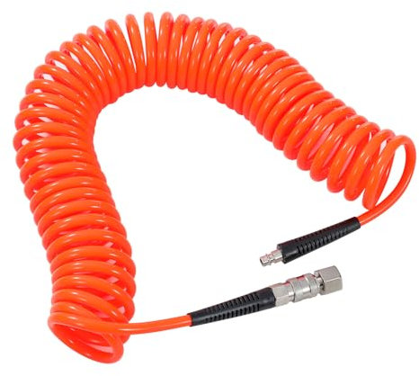 ORAZIO Manguera en Espiral de Poliuretano 10m para Compresor de Aire, 7 mm de Diámetro Interior x 10 mm de Diámetro Exterior, con Acoplador Rápido y Enchufe Europeo de 1/4