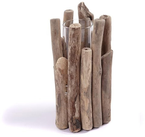 DESIGN DELIGHTS DEKO VASE Mira | Treibholz, Glas | Treib Holz Vase, Tisch Vase Natur, Blumenvase, Kunstgras Vase, Übertopf, Kerzenhalter, Kerzenleuchter