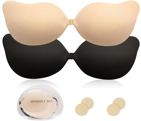 Kemowi 2 Pair Sticky Adhesive Bra for Women, Skin-Friendly Stick On, Invisible Strapless & Backless With 2 Pack Nipplecovers