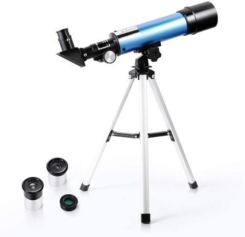 Teleskop für Kinder Anfänger, 50mm Öffnung 360mm Öffnung Refraktor Teleskope, tragbares Astronomie Teleskop 90X mit Stativ, 2-Okulare, 1.5X Barlow Len