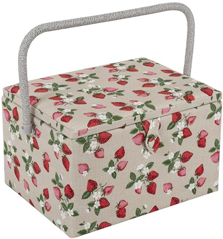 Hobby Gift Large Sewing Box Organiser with Handle - Cotton Basket Sewing Storage Box, Craft Storage Boxes with Compartments for Tools & Accessories - 23.5 x 31 x 20cm, Strawberries
