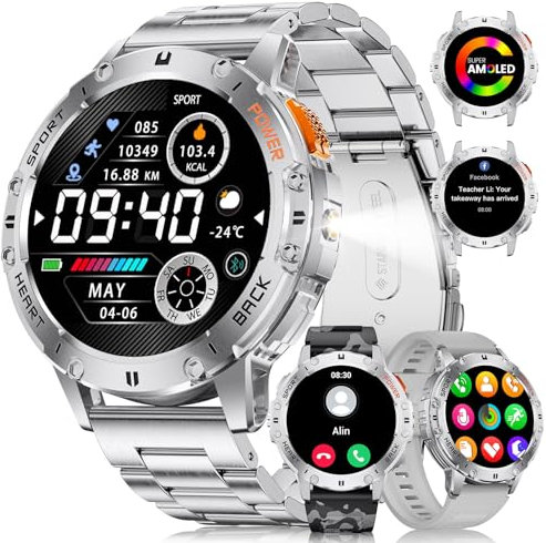 LIGE Military Smart Watch for Men with Bluetooth Call,1.43 AMOLED with LED Flashlight/530mAh,100+ Sports Mode Tactical Fitness Tracker/Heart Rate Sleep Health Monitor/IP68 Waterproof for Android iOS