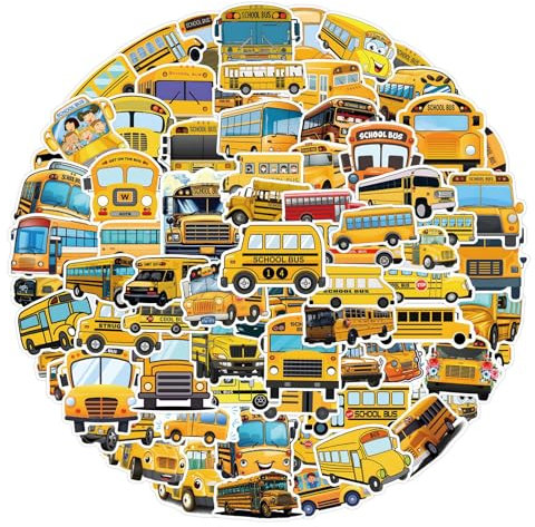 Der gelbe Schulbus Aufkleber 100 Stücke Niedlich Deko für Auto Laptop Skateboard Fahrrad Moped Motorrad Fahrrad Computer Cartoons Schulbus Sticker Set,Geeignet für Erwachsene Kinde