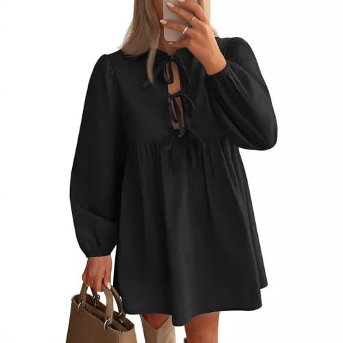 RPAEOY Kleid Damen Langarm Rüschen Hemdkleid Casual Swing Skater Puffärmel Kleider Elegant Einfarbiges A-Linien Mini Knielanges (Schwarz/XL)