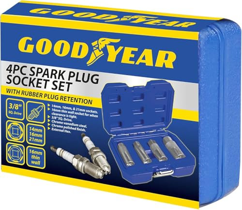 Goodyear 4pc Spark Plug Socket Set - Durable Chrome Vanadium Steel | 6-Point Design | Sizes: 5/8, 13/16, 3/4, 10mm | Ideal for Automotive Maintenance & Repair | Versatile and Durable Socket Set
