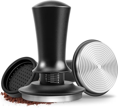 hicoosee Kaffee Tamper 58 mm, 304 Edelstahl Espresso Tamper mit Base Ripple, Selbstnivellierender Espresso Tamper, Federbelasteter Kaffeestampfer, Barista Kaffeezubehör für Cafes, Kaffeeliebhaber