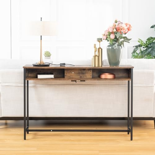 FurnitureR Table Console avec 2 Stations de Charge cachées, Table d'entrée Industrielle avec 2 Ports USB, Table Basse de 120 cm avec étagère, Table d'appoint pour entrée, Couloir, Foyer, Salon