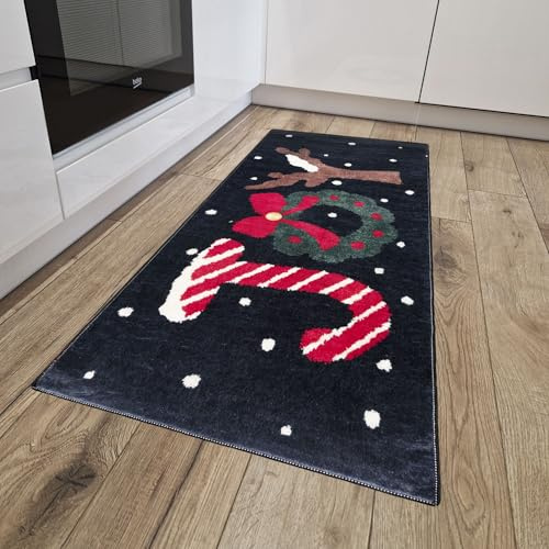 Mazovia Fußmatte Küche 50x140cm Schwarz Weihnachten Stilvoll rutschfest | Fußabtreter für Eingangsbereich Badezimmer Schlafzimmer Maschinenwaschbar Kurzflor Wetterfest Pflegeleicht Tierfreundlich