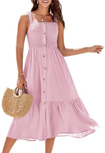 GRACE KARIN Women's Prom Dress Summer Boho Spaghetti Strap Ruffle Button Down Casual Smocked Solid Colour Vacation A Line Cami Midi Pink Dress with Pockets S