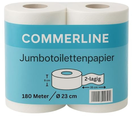 Commerline Lot de 30 rouleaux de papier toilette Jumbo - Diamètre : 23 cm - 2 plis - Blanc - 180 m - Grands rouleaux de papier toilette pour restaurants, hôtels, centres commerciaux