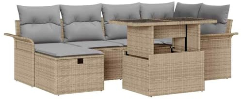 vidaXL 7-teiliges Gartensofa-Set mit Kissen in Beige aus Poly-Rattan – Verstellbare modulare Outdoor-Möbel für die Terrasse oder den Patio.