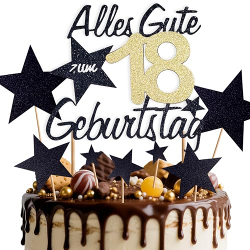 ePicsoa Tortendeko 18 Geburtstag, Kuchendeko 18 Jahre, Tortenaufsätze, 18th Birthday Cake Topper Geburtstag Torte Kuchen Topper Kuchendeko 18 Geburstagstorte Deko Gold Schwarz Frauen Männer, 7 Sternen