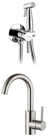 Set GRIFEMA: Miscelatore Lavabo 360° Grigio + Doccetta Bidet con Supporto, Flessibile e Miscelatore – Acqua Calda e Fredda, Design Moderno per Bagno e WC