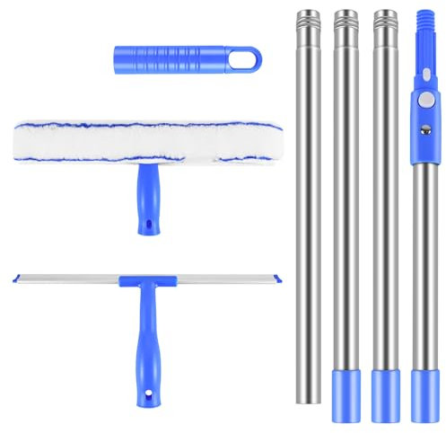 65in Window Squeegee Cleaner Tool Kit – Extendable Long Handle (180cm) with 36cm Rubber Scraper & Microfiber Pad, Heavy-Duty Glass Cleaning Equipment for Home, Car, Shower Doors & High Windows