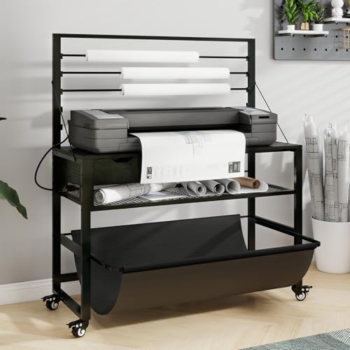 Natwind Wide Format Printer Stand, Plotter Workbench Table,Black | With Pull-out Drafting Collection,Roll Paper Holder,Accessory Drawer,Adjustable Storage Shelf for Plotters & Cutting Machines