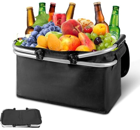 WDKXCN Einkaufskorb Faltbar, 30L Kühlkorb mit Deckel, Thermo Korb Einkaufen mit Klapprahmen aus Aluminiumlegierung und Griff, Picknickkorb mit Reißverschluss, Kühltasche Faltbar für Camping, Einkaufen