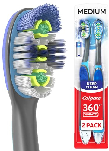 Colgate Spazzolino elettrico a batteria a vibrazione 360 con setole medie, alimentato da tecnologia Sonic, confezione da 2, include 1 batteria AAA
