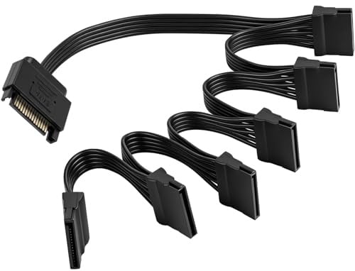 Cable Alimentacion SATA 15 Pines 1 a 6 Splitter, SATA Power Splitter | 15 Pines Extensor de Alimentación de 1 Macho a 6 Hembras para SSD HDD Unidades Ópticas, 18AWG, para Disco Duro de PC Servidor