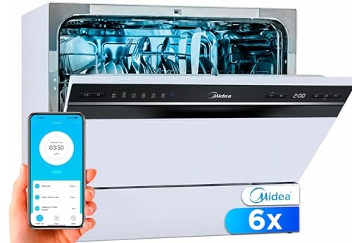 Midea Lavastoviglie piccola, bianca, 55 cm, 6 servizi, compatta e portatile, senza installazione, con App Control, 6 programmi, modalità ECO, filtro antibatterico, funzione asciugatura, 49 dB