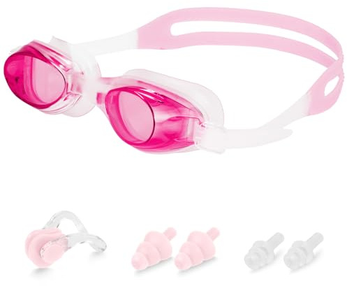 DiULi Simglasögon för unisex barn, simglasögon för simbassänger, lätta att justera och bekväma att bära, transparent anti-dimma, inklusive förvaringslåda, öronproppar och näsklämma