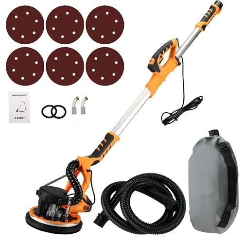 Lijadora Pared y Techo 1350W,Lijadora Jirafa con Aspirador,6 Velocidades Variables, Iluminación LED, Disco de Lijado, Diámetro 215 mm, Mango Telescópico, Incluye 6 Discos Abrasivos